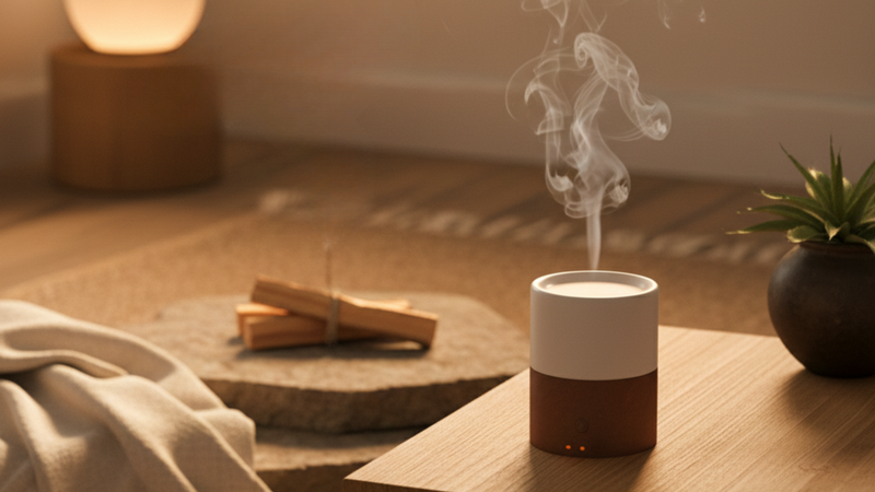Essential oil diffuser releasing gentle mist in a calm, minimalist wellness room.