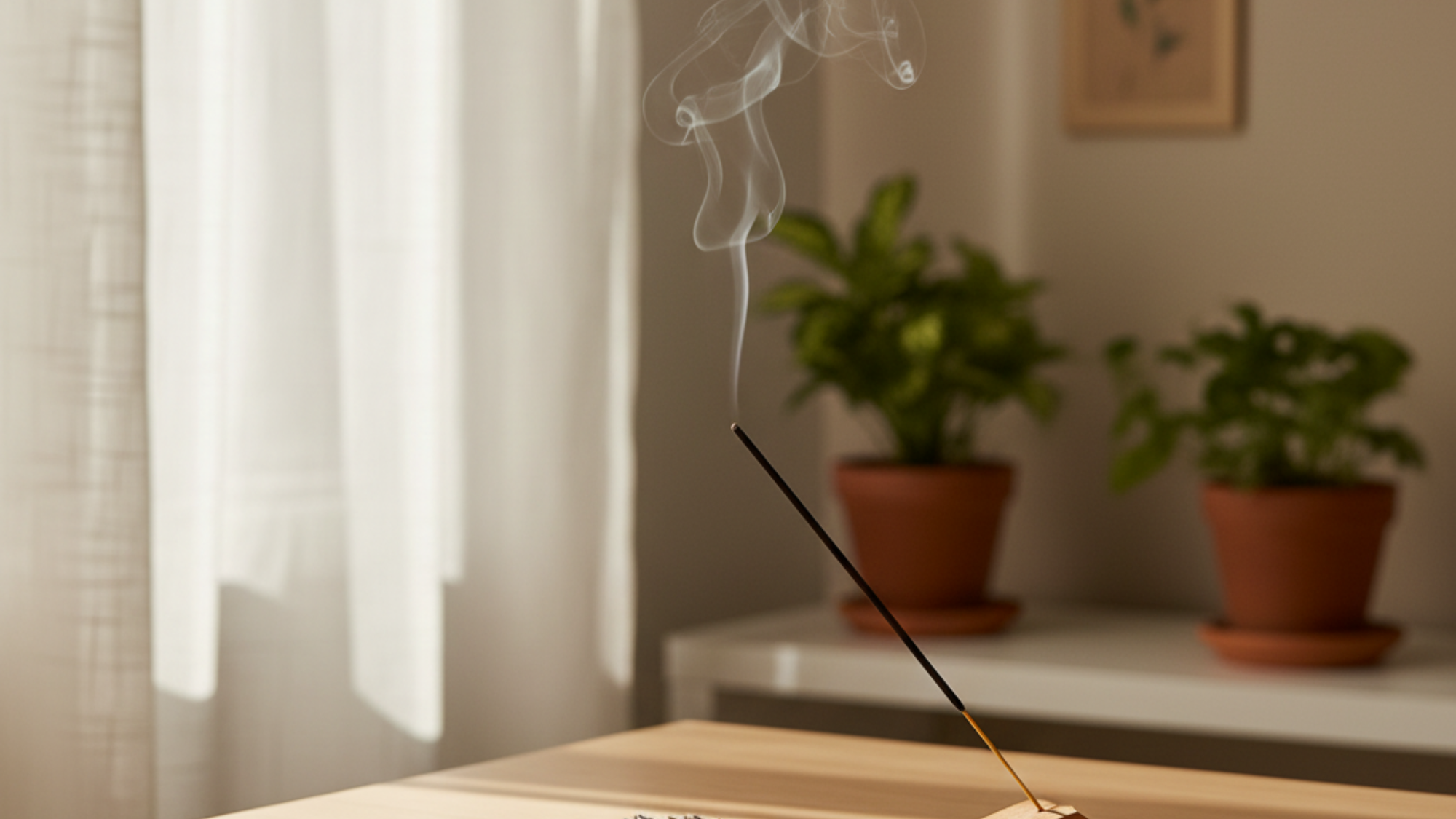 Incense stick burning near natural ingredients like lavender, resin, and sandalwood chips.