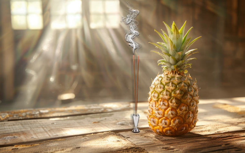 A sunlit environment with burning incense sticks and pineapple on the wooden table