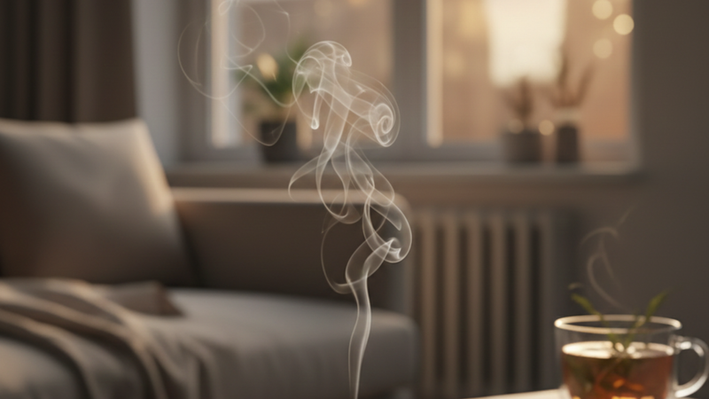 Resin incense burner releasing aromatic smoke in calm living room setting.