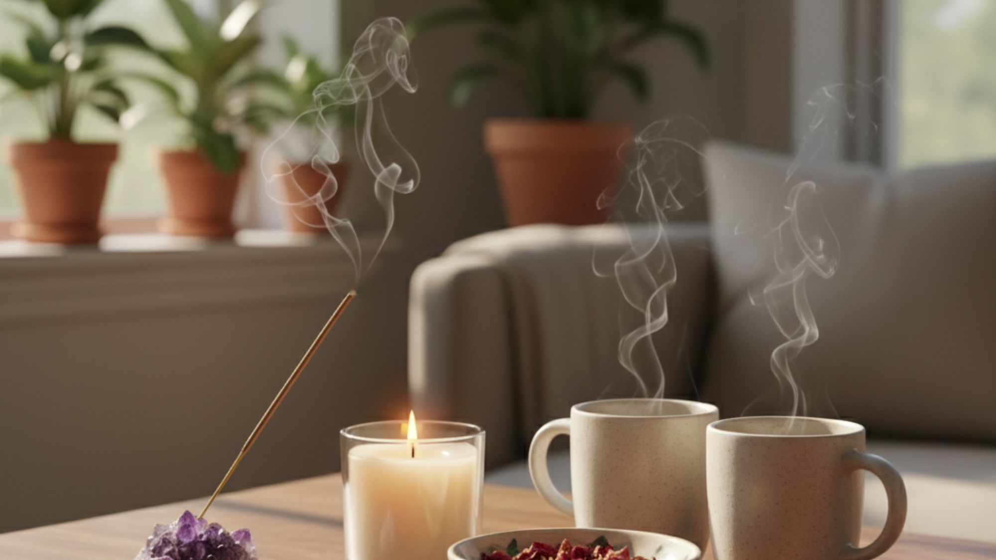 Incense, a candle, amethyst crystals, and mugs representing positive energy gifts for friends.