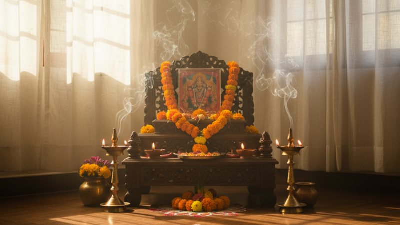 Traditional Hindu puja altar with a deity picture, diyas, flower garland, and incense smoke.