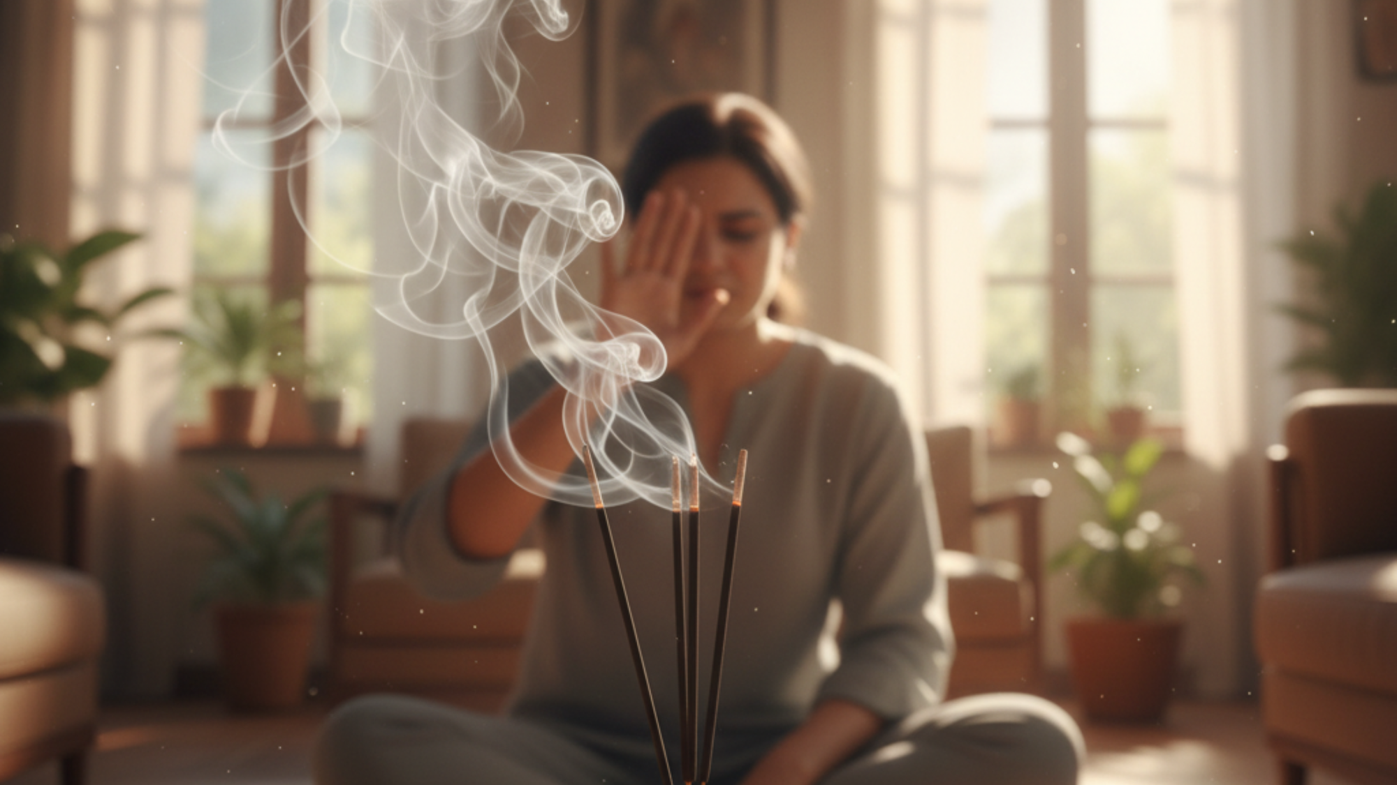 Woman meditating with rising incense smoke, focusing on the spiritual fragrance and connection.