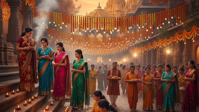 Women lighting diyas and celebrating an autumn Indian festival at a decorated temple.