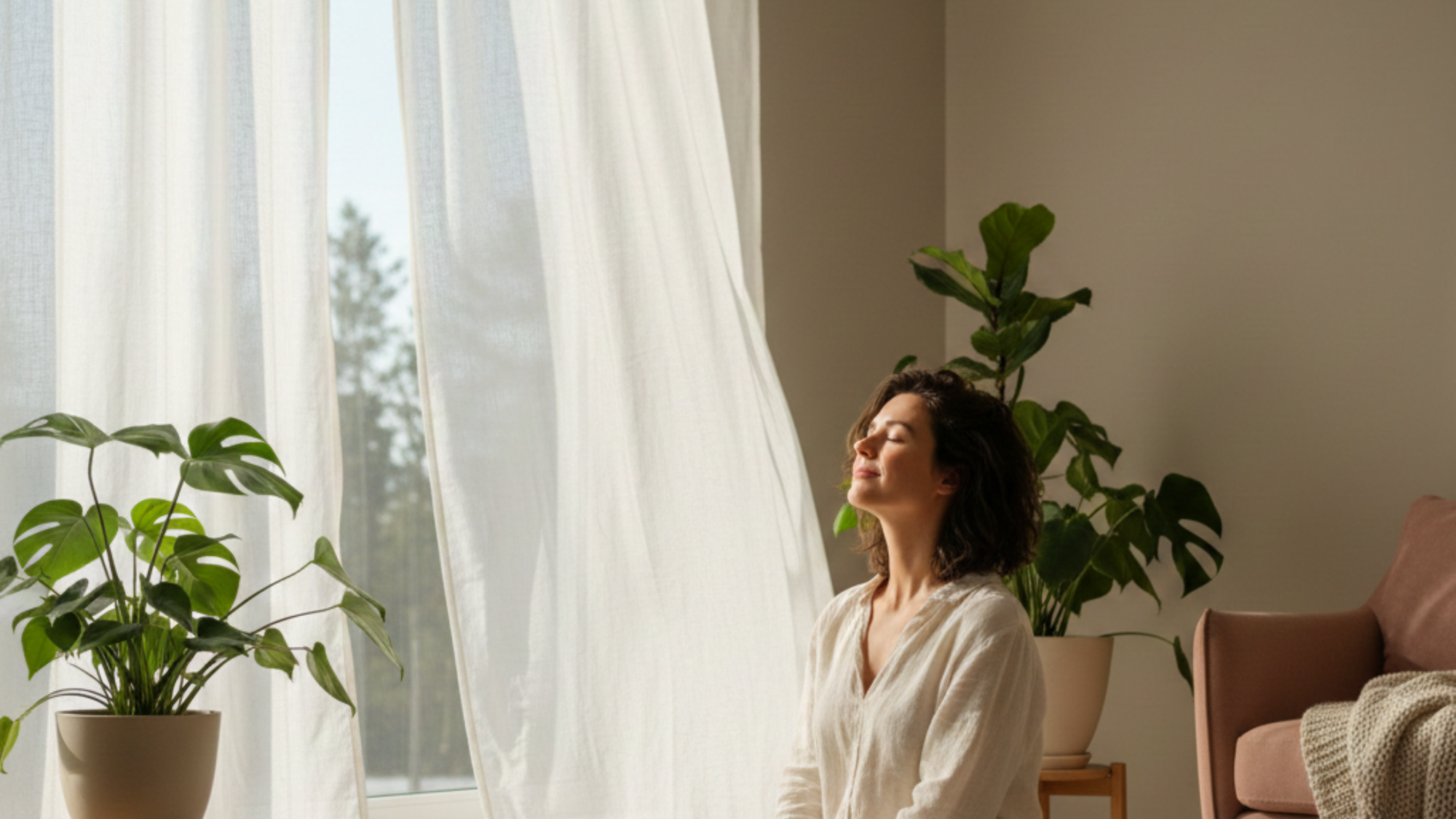 Woman meditating peacefully in a sunlit room surrounded by indoor plants.