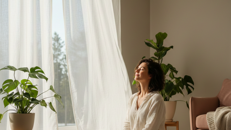 Woman meditating peacefully in a sunlit room surrounded by indoor plants.