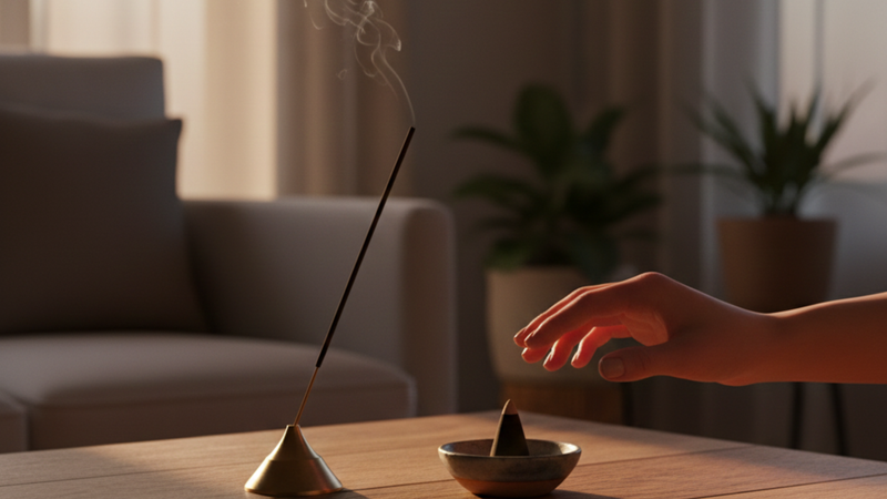 Incense cones and sticks burning side by side, comparing aroma and smoke intensity.