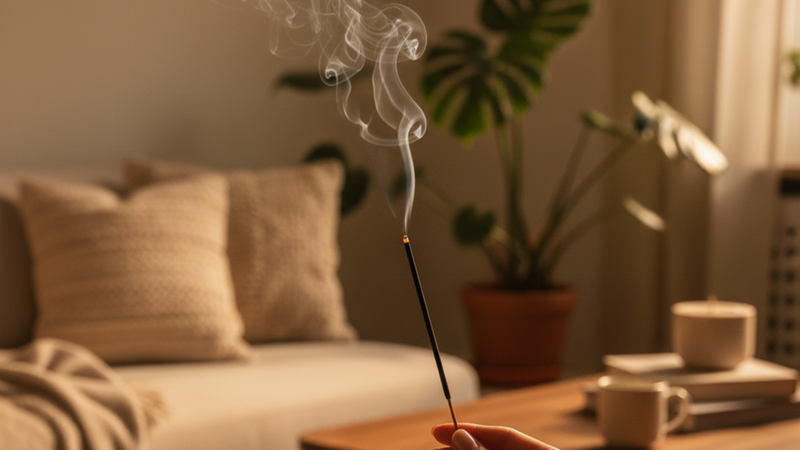 Hand holding burning incense stick indoors, introducing dhoop sticks vs incense comparison.