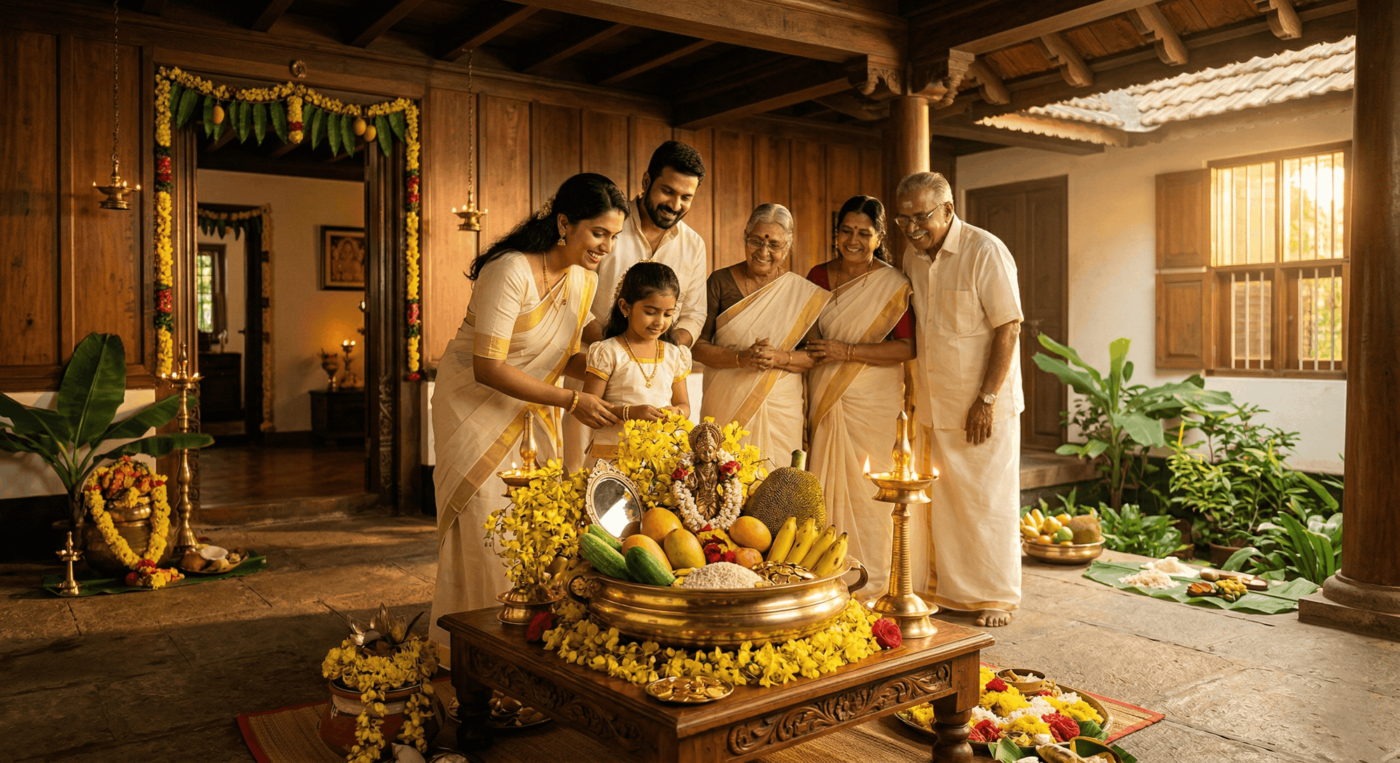 Kerala family celebrating Vishu Kani with traditional arrangement of fruits, flowers, lamp and rituals at home