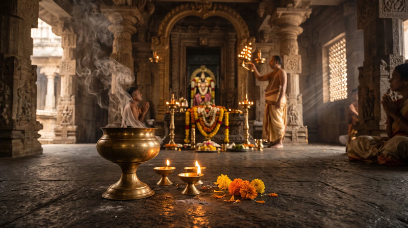Hindu temple puja with a priest performing aarti before a decorated deity, brass oil lamps, a smoking incense vessel, and marigold flowers in a traditional stone temple.