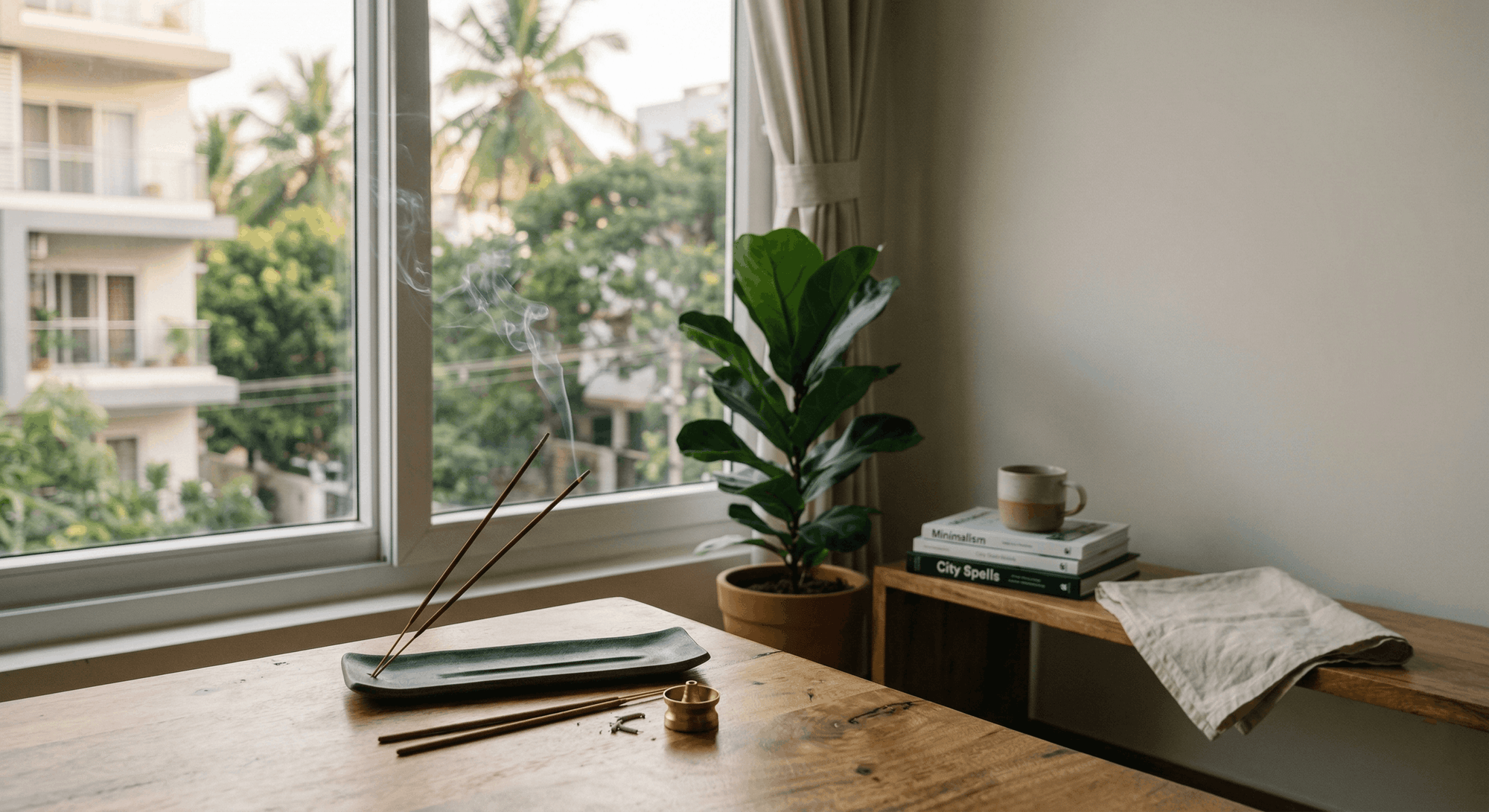 Modern minimalist living room with burning incense sticks and a window view of lush green trees