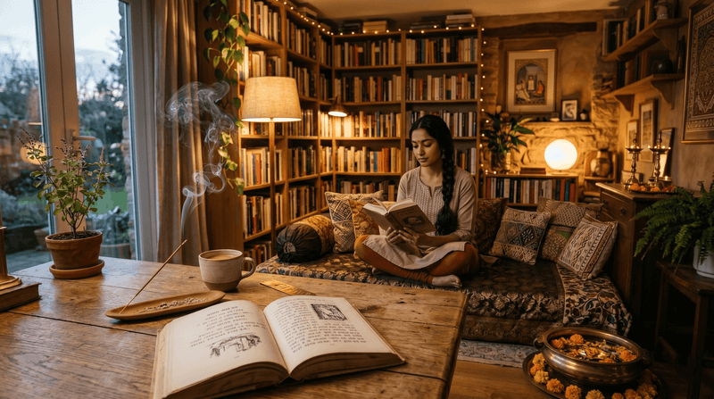Woman reading book in cozy home library with incense smoke, warm lights and bookshelf decor on World Book Day