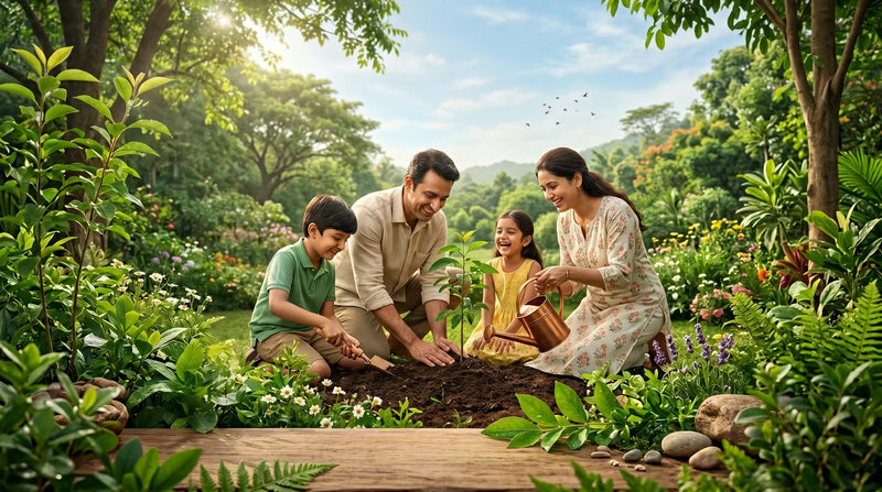 happy family planting a tree in a lush green garden for World Environment Day 2026, promoting eco friendly living, sustainability, nature conservation and environmental awareness
