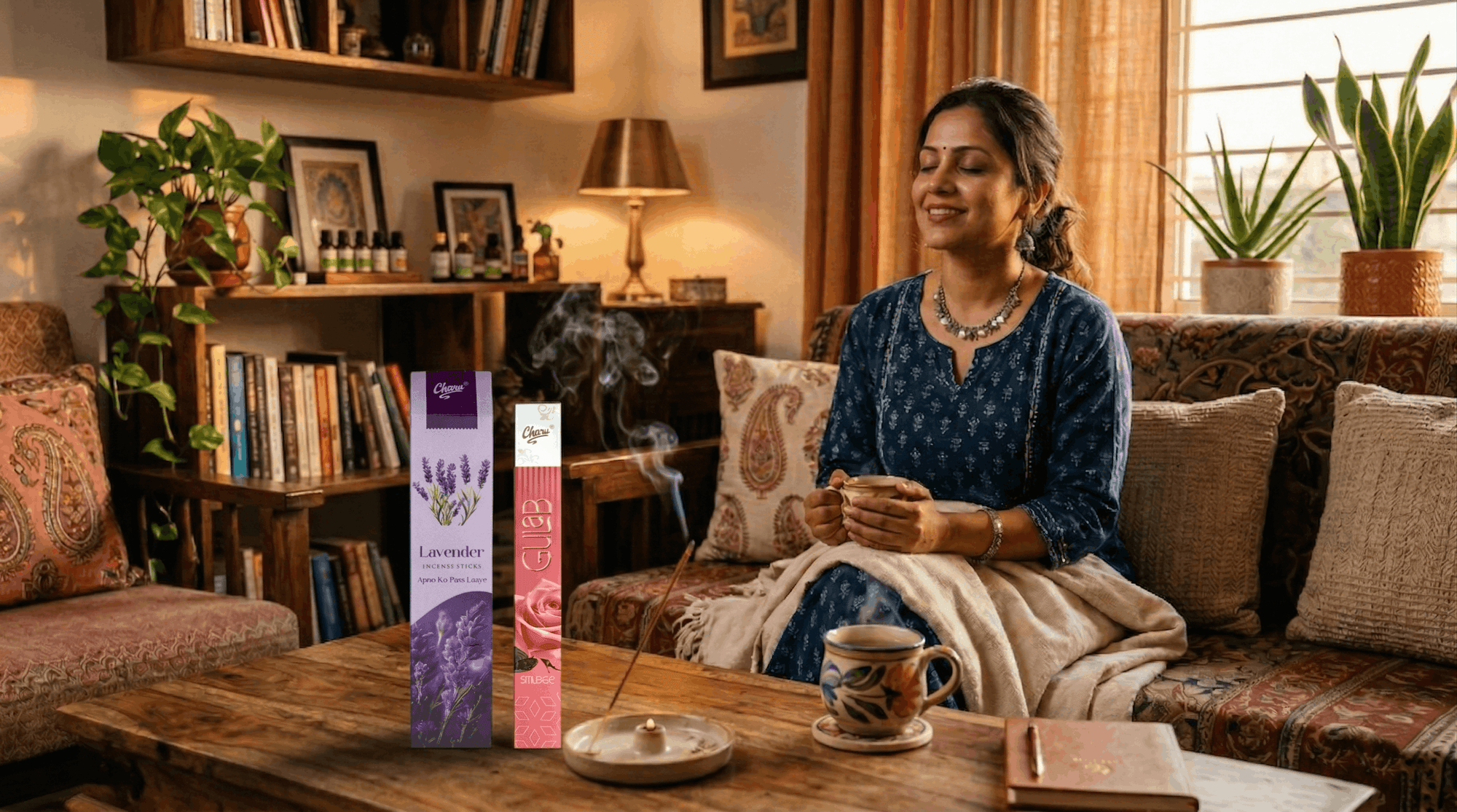 Woman relaxing at home with lavender and rose incense sticks, aromatherapy for stress relief and wellness ambiance.