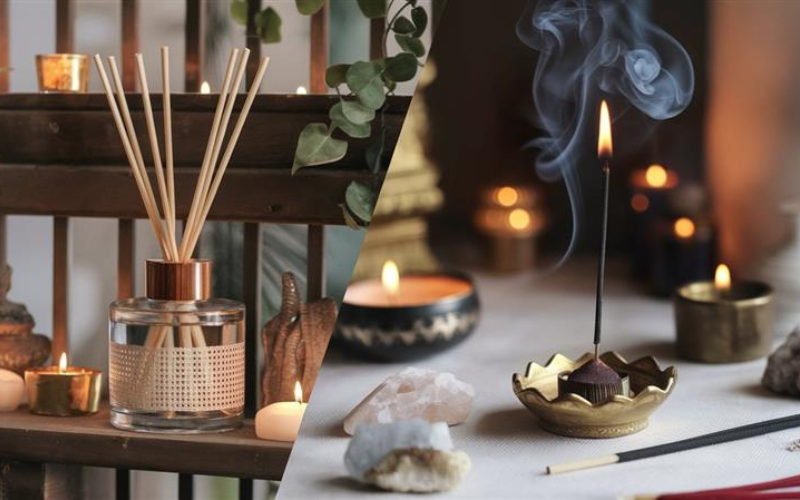 Reed diffuser and incense stick side by side, highlighting modern freshness and traditional calmness