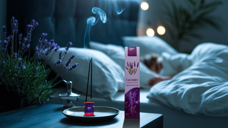 A photo of a peaceful, dimly lit bedroom with Charu natural lavender incense box on a bedside table. A lavender plant is placed in the background and a person is sleeping in the bed