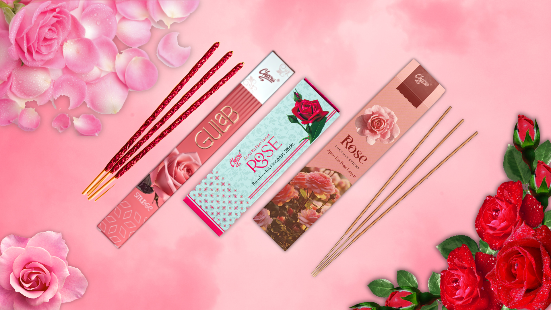 Charu rose-scented incense sticks with elegant packaging, placed on a pink floral background.