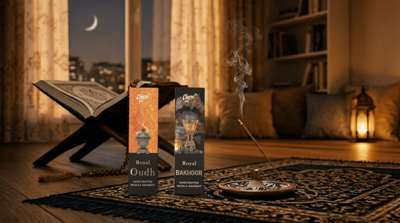 Charu Royal Oudh and Royal Bakhoor masala agarbati burning on prayer rug with Quran on rehal, tasbih beads and crescent moon visible through window on Ramadan night