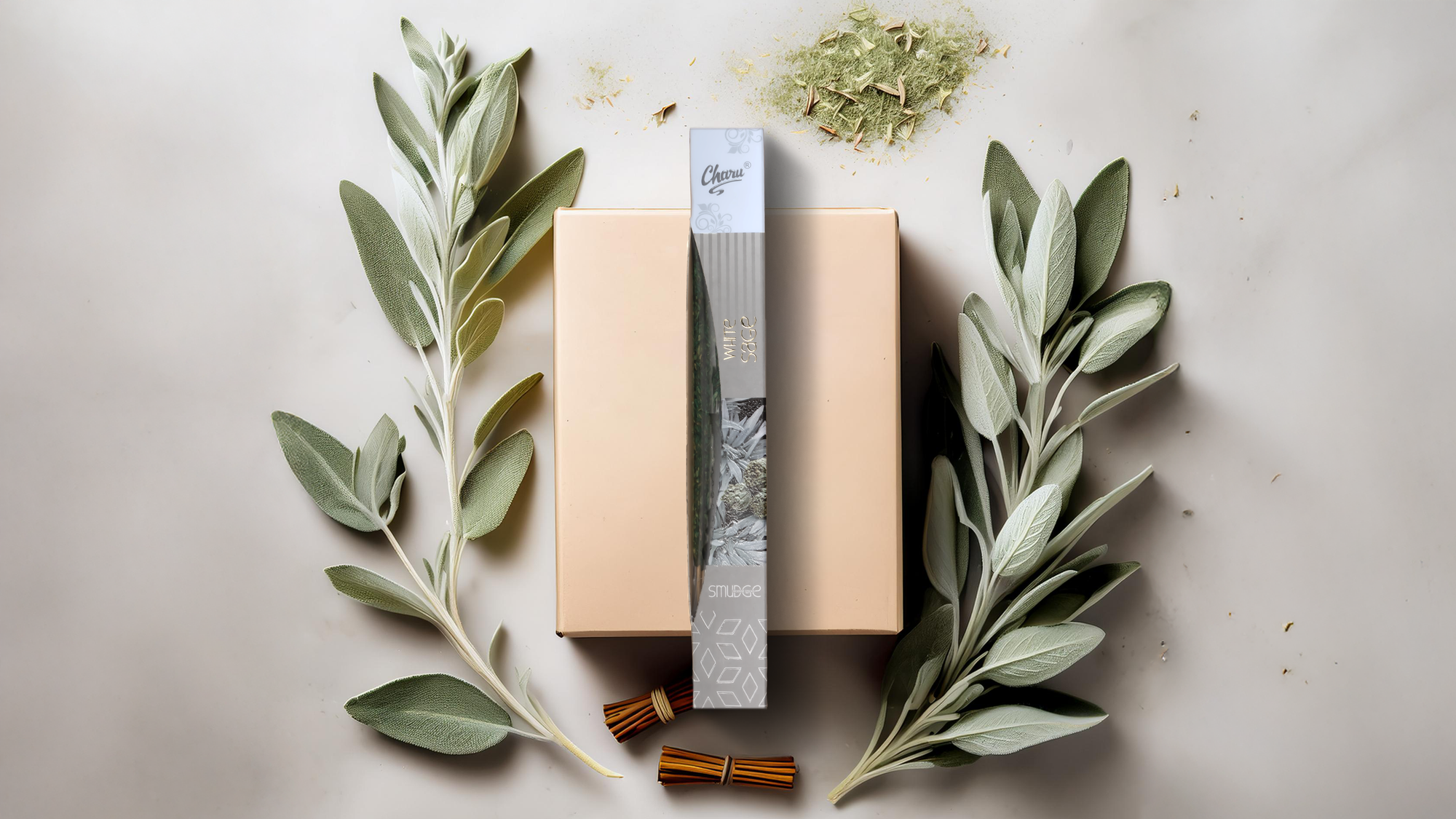 top view of a Charu white sage smudge incense sticks pack placed on the box, surrounded by white sage leaves