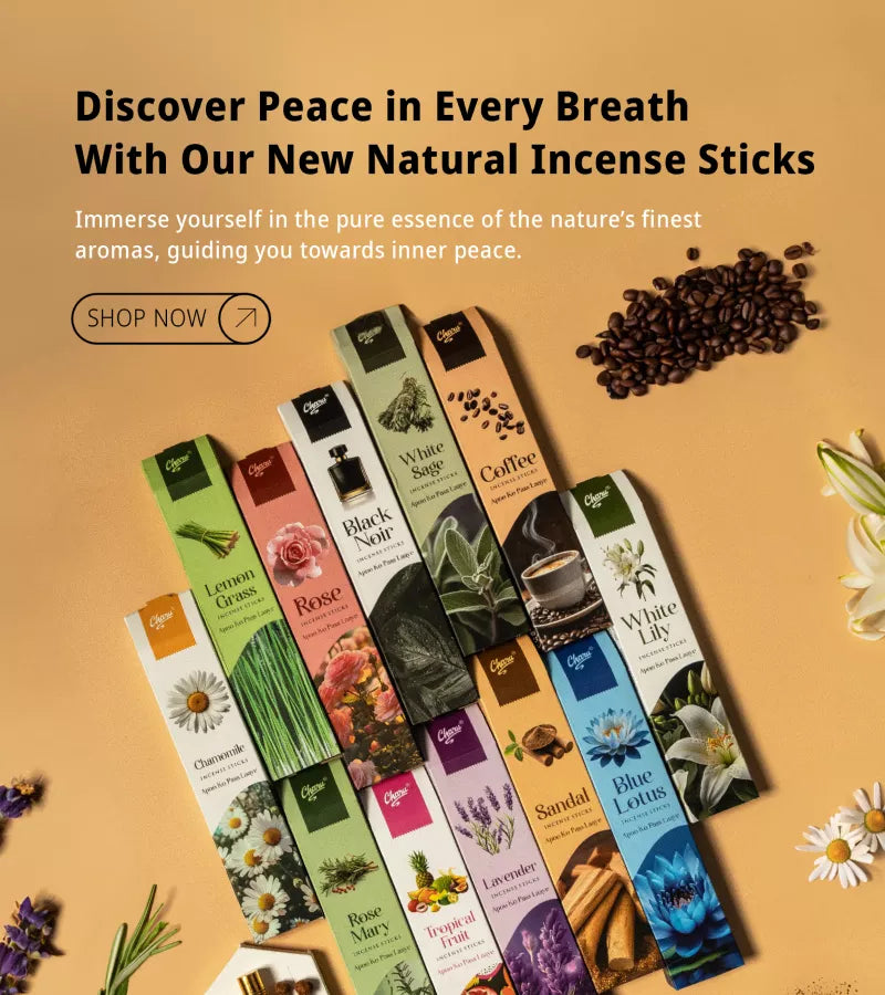 Charu Natural Incense Sticks in various floral and herbal fragrances with lavender, coffee beans, and fresh flowers on a beige background.