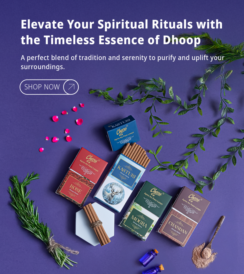 Homepage banner featuring Charu Perfumery dhoop box collection on a blue background with herbs and petals, promoting spiritual rituals and serenity.