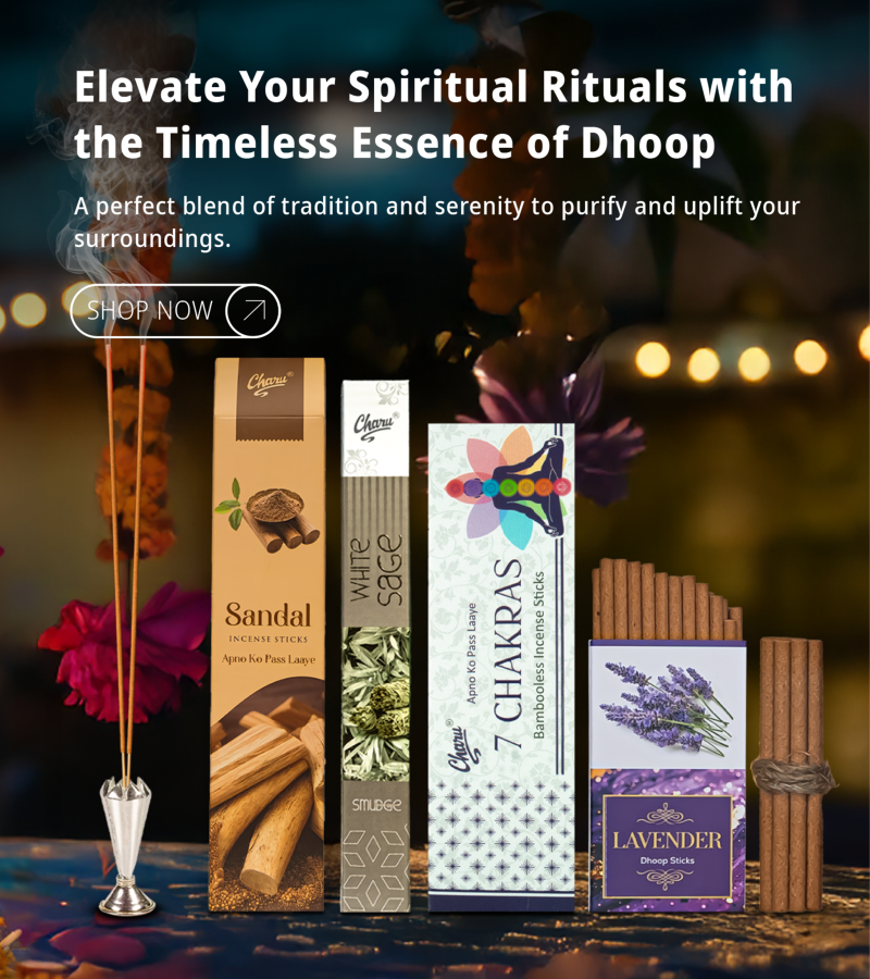 Festive banner with Charu incense sticks and diyas, creating a peaceful spiritual ambiance.