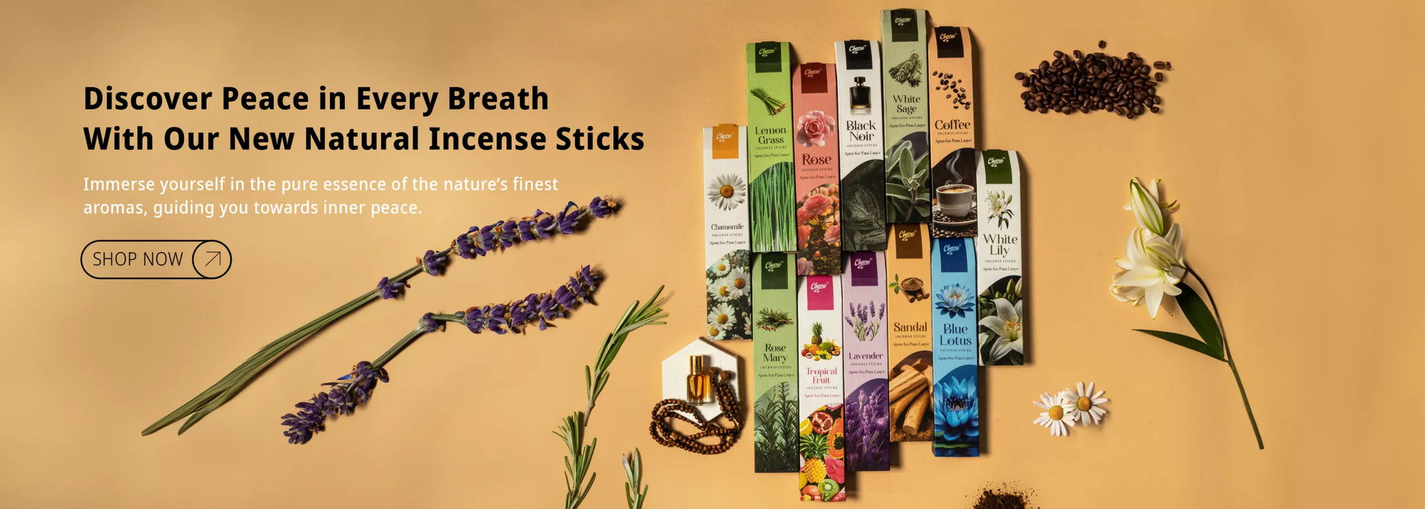 Charu Natural Incense Sticks in various floral and herbal fragrances with lavender, coffee beans, and fresh flowers on a beige background.